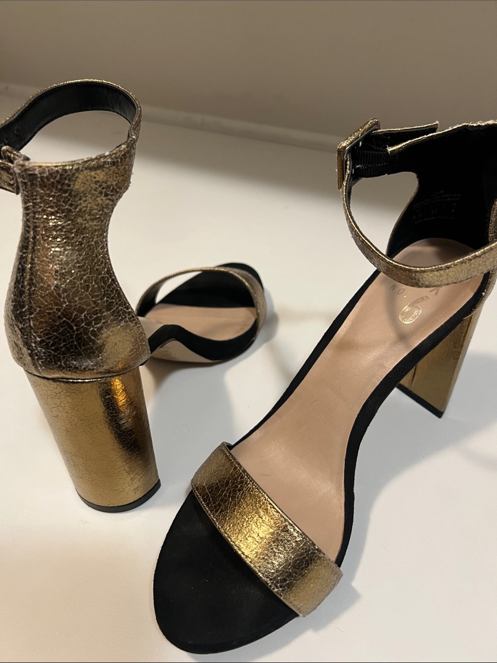 Mix No. 6 Gold and Black Block Heel Ankle-Strap Sandals